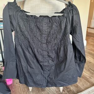 Aqua Black Ruched Button-Down Blouse